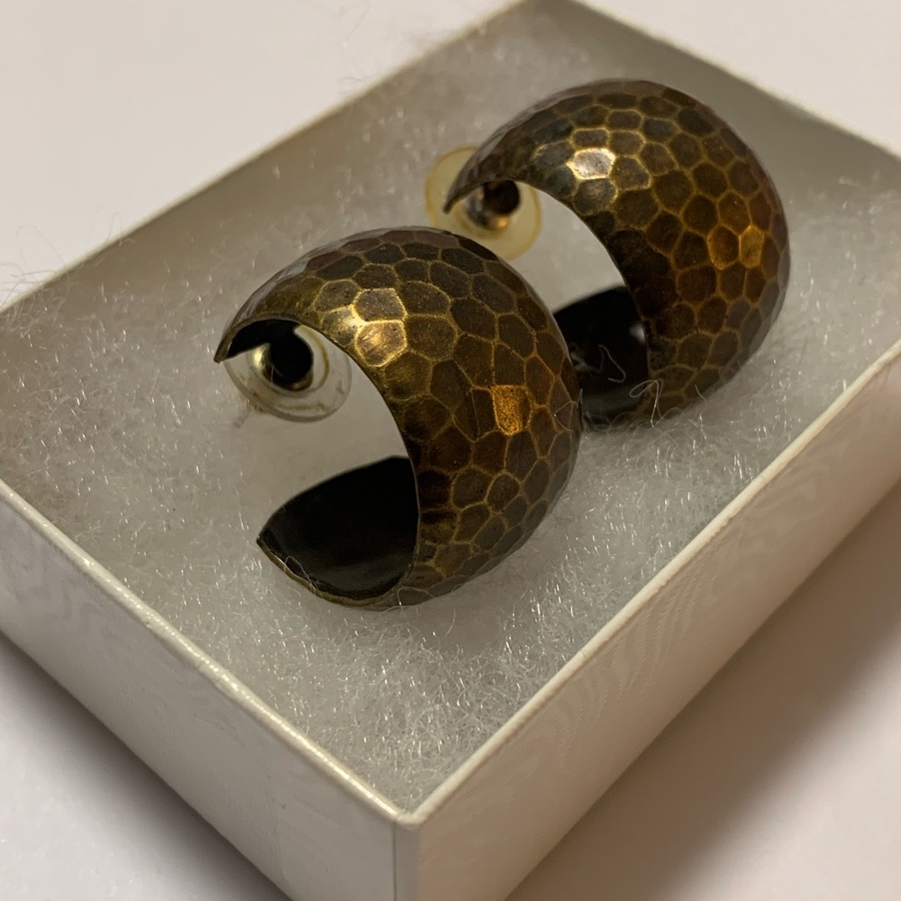 Hammered Wide brass hoop earrings.